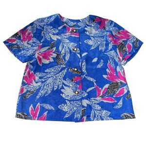 Vintage 1950s Buttondown Blouse Satin Colorful Royal Blue Dopamine Floral SP